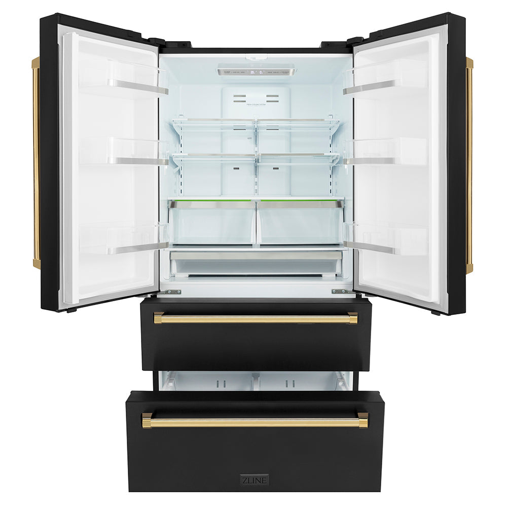 ZLINE Autograph Edition 36 in. 22.5 cu. ft. Counter-Depth French Door Refrigerator with Ice Maker in Fingerprint-Resistant Black Stainless Steel with Polished Gold Traditional Handles (RFMZ-36-BS-G)