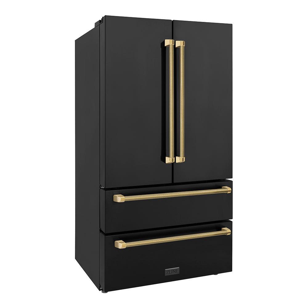 ZLINE Autograph Edition 36 in. 22.5 cu. ft. Counter-Depth French Door Refrigerator with Ice Maker in Fingerprint-Resistant Black Stainless Steel and Polished Gold Helix Handles (RFMZ-36-BS-KG)