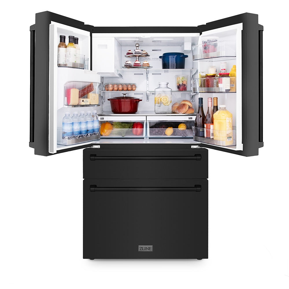 ZLINE 36 in. 21.6 cu. ft. Counter-Depth French Door Refrigerator with Water and Ice Dispenser in Fingerprint-Resistant Black Stainless Steel (RFM-W-36-BS)