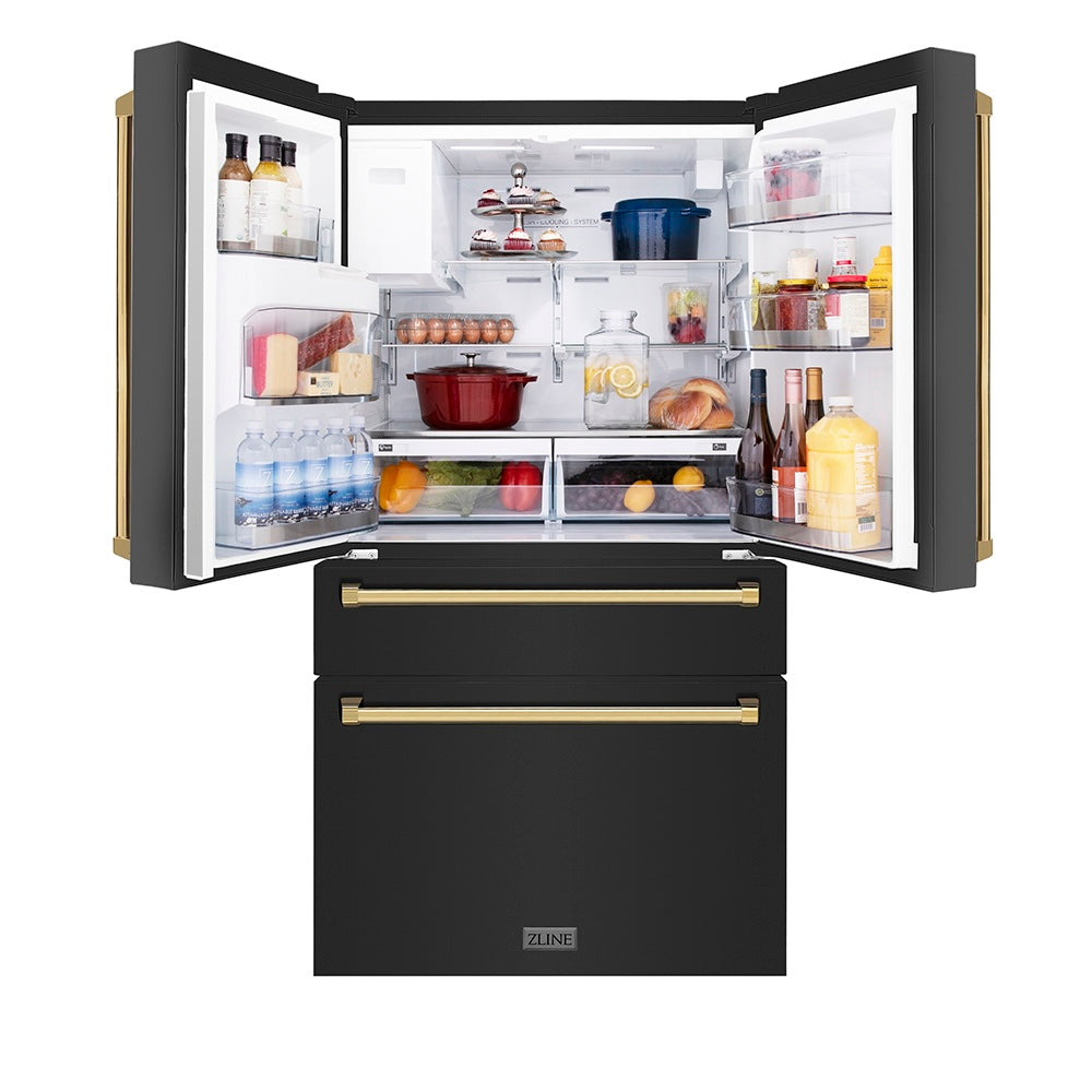 ZLINE Autograph Edition 36 in. 21.6 cu. ft. Counter-Depth French Door Refrigerator with Water and Ice Dispenser in Fingerprint-Resistant Black Stainless Steel with Polished Gold Traditional Handles (RFMZ-W-36-BS-G)