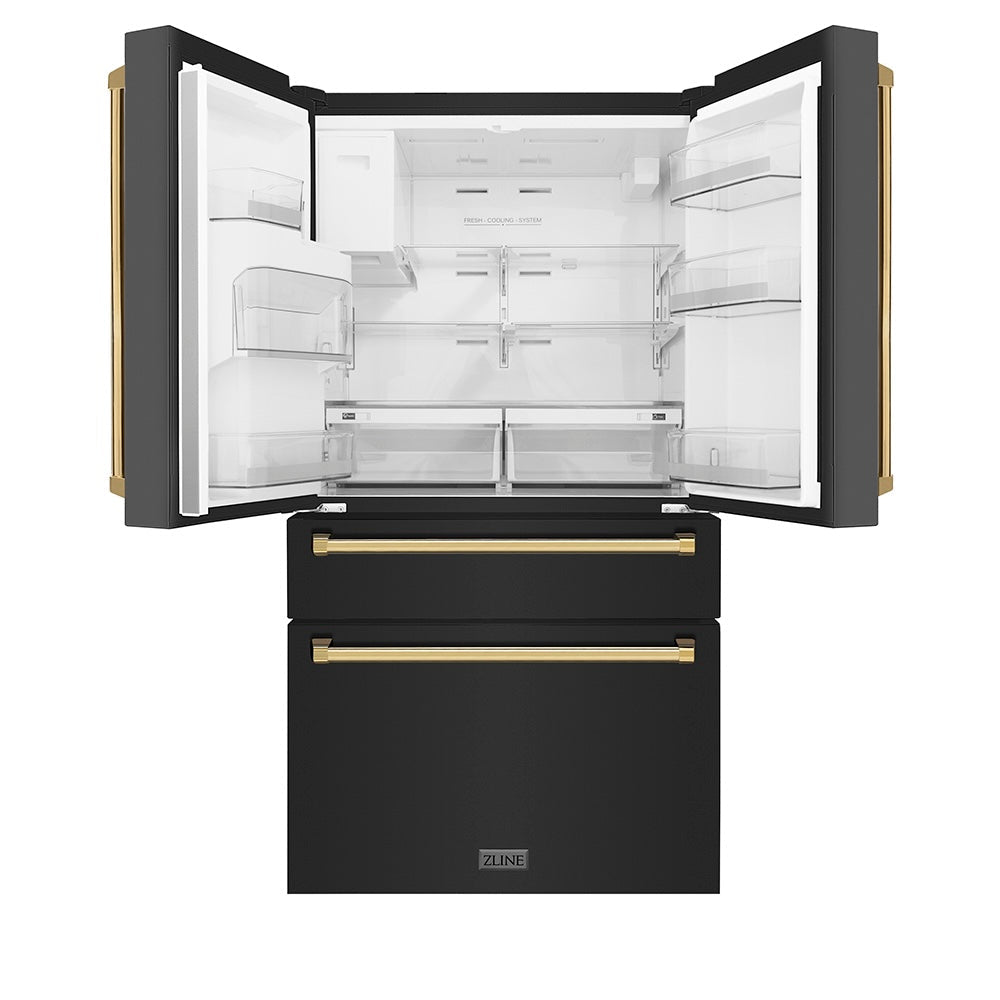 ZLINE Autograph Edition 36 in. 21.6 cu. ft. Counter-Depth French Door Refrigerator with Water and Ice Dispenser in Fingerprint-Resistant Black Stainless Steel with Polished Gold Traditional Handles (RFMZ-W-36-BS-G)