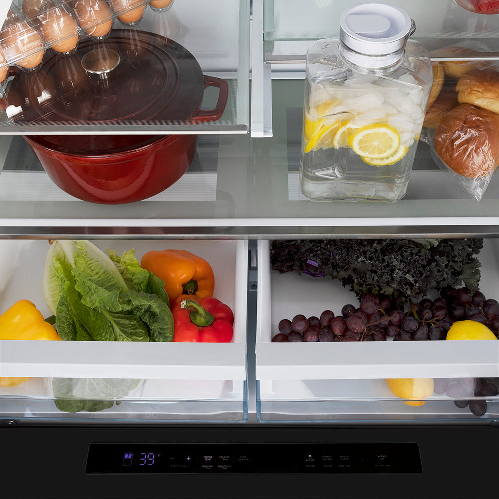 ZLINE Autograph Edition 36 in. 21.6 cu. ft. Counter-Depth French Door Refrigerator with Water and Ice Dispenser in Fingerprint-Resistant Black Stainless Steel with Champagne Bronze Helix Handles (RFMZ-W36-BS-KCB)