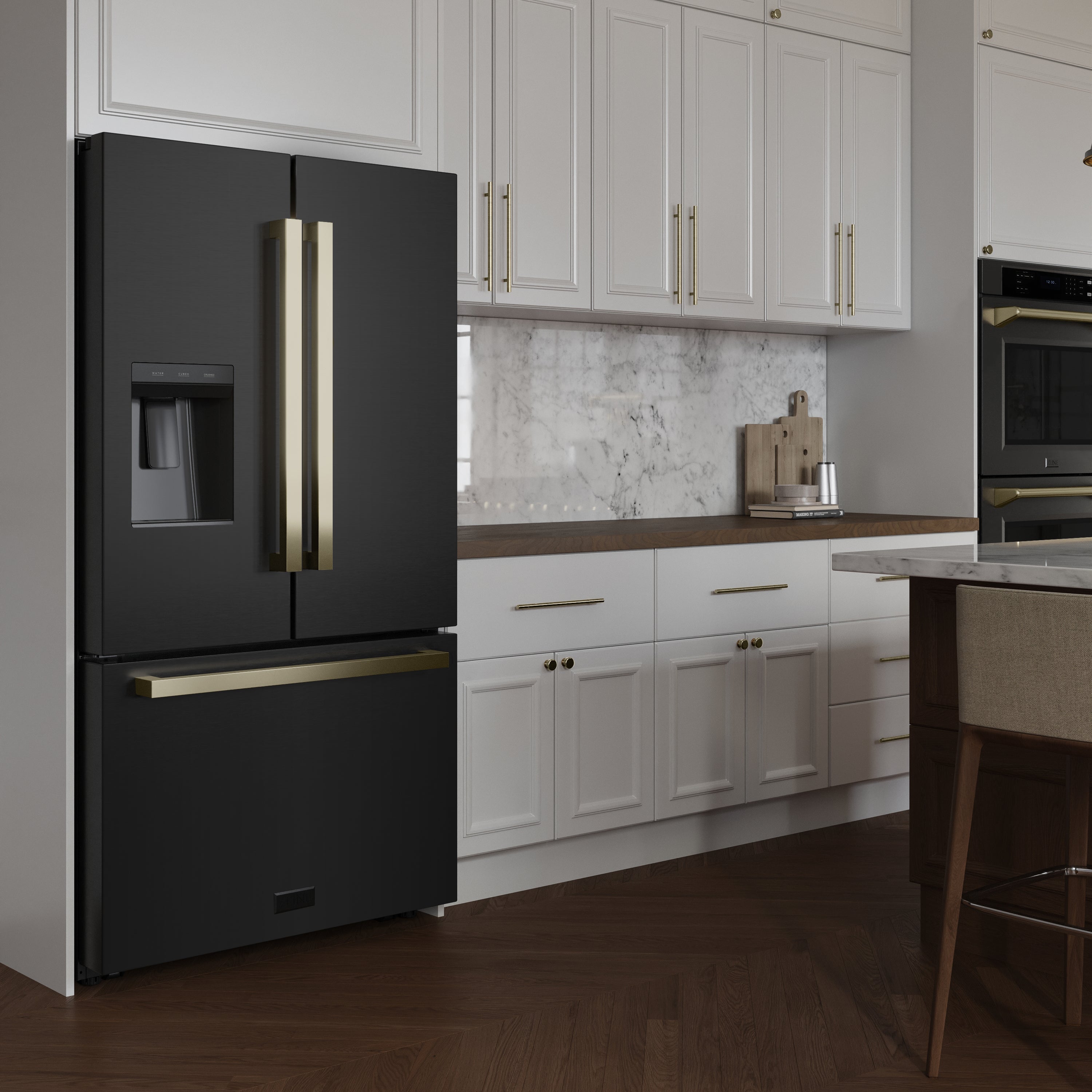 ZLINE Autograph Edition 36 in. 28.9 cu. ft. Standard-Depth French Door External Water Dispenser Refrigerator with Dual Ice Maker in Black Stainless Steel and Champagne Bronze Square Handles (RSMZ-W-36-BS-FCB)