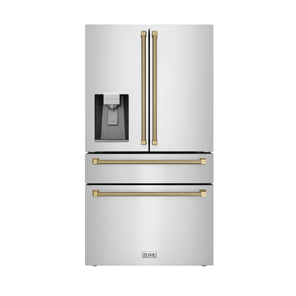 ZLINE Autograph Edition 36 in. 21.6 cu. ft. Counter-Depth French Door Refrigerator with Water and Ice Dispenser in Fingerprint-Resistant Stainless Steel with Champagne Bronze Helix Handles (RFMZ-W-36-KCB)