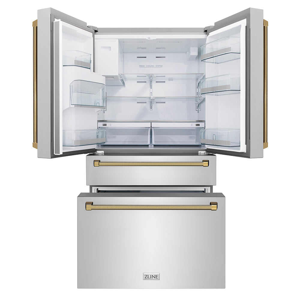 ZLINE Autograph Edition 36 in. 21.6 cu. ft. Counter-Depth French Door Refrigerator with Water and Ice Dispenser in Fingerprint-Resistant Stainless Steel with Polished Gold Helix Handles (RFMZ-W-36-KG)