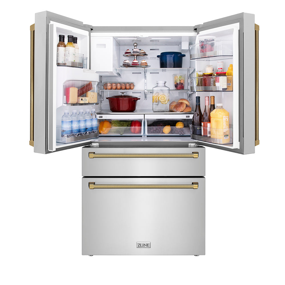 ZLINE Autograph Edition 36 in. 21.6 cu. ft. Counter-Depth French Door Refrigerator with Water and Ice Dispenser in Fingerprint-Resistant Stainless Steel with Polished Gold Helix Handles (RFMZ-W-36-KG)