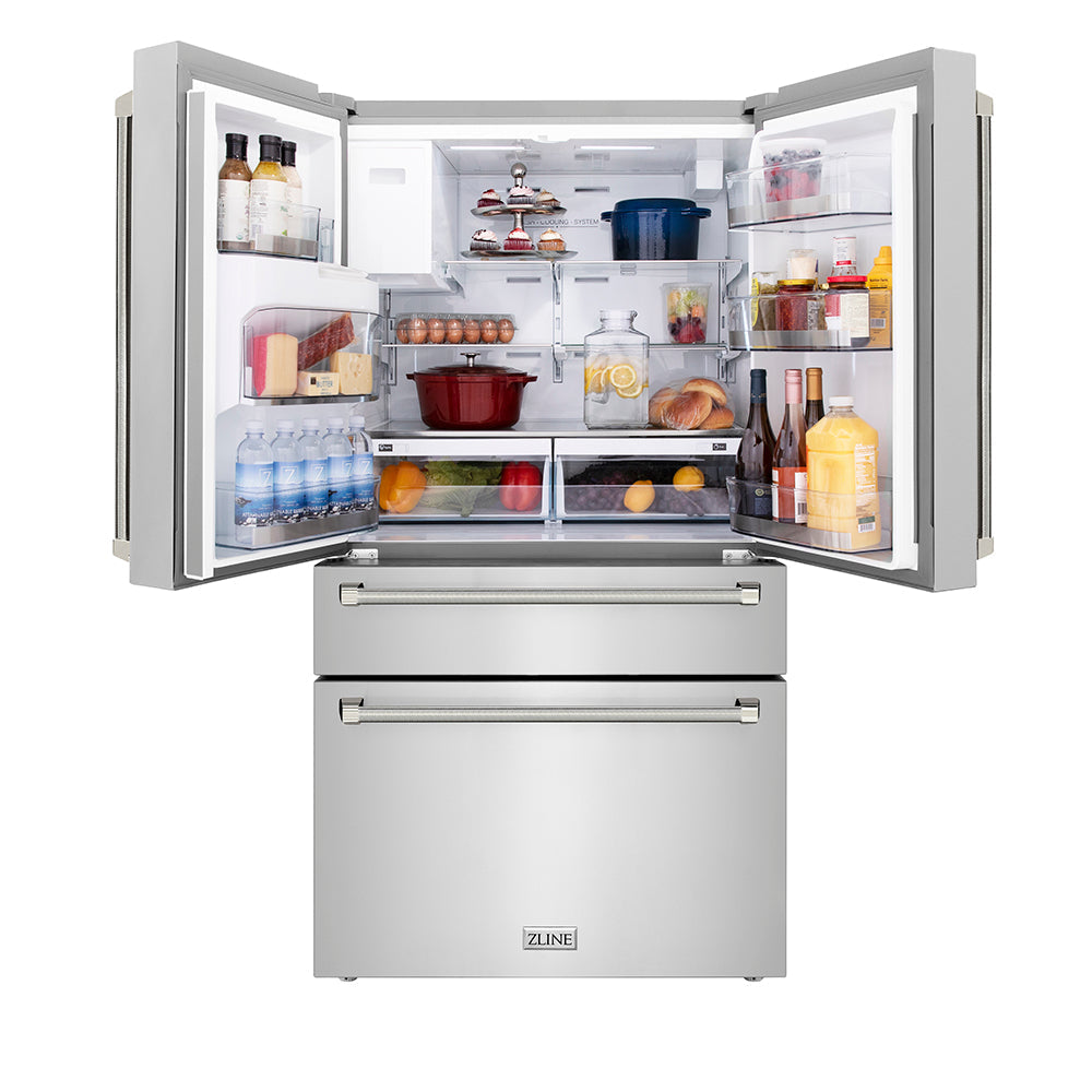ZLINE Autograph Edition 36 in. 21.6 cu. ft. Counter-Depth French Door Refrigerator with Water and Ice Dispenser in Fingerprint-Resistant Stainless Steel with Polished Nickel Helix Handles (RFMZ-W-36-KPN)