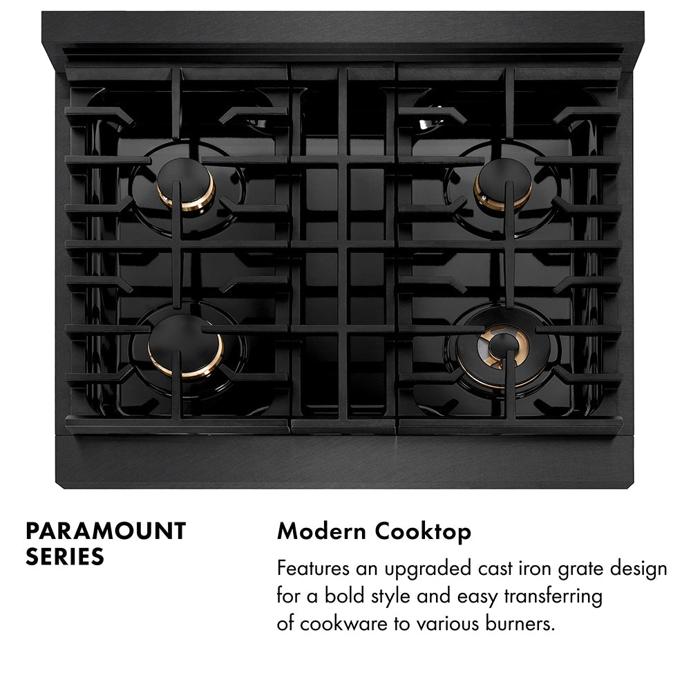 ZLINE Designer Collection 30 in. 4.2 cu. ft. Paramount Dual Fuel Range with 4 Burner Gas Cooktop and Electric Convection Oven in Black Satin Stainless Steel with Matte Black and Champagne Bronze Accents (SDRBSZ-30-MBCB)