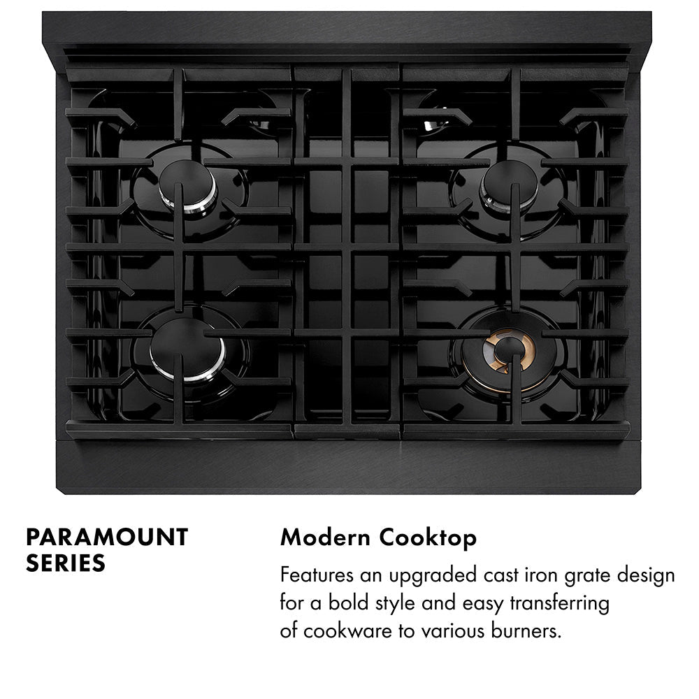 ZLINE 30 in. 4.2 cu. ft. Paramount Dual Fuel Range with 4 Burner Gas Cooktop and Electric Convection Oven in Stainless Steel with Black Matte Door (SDR-BLM-30)