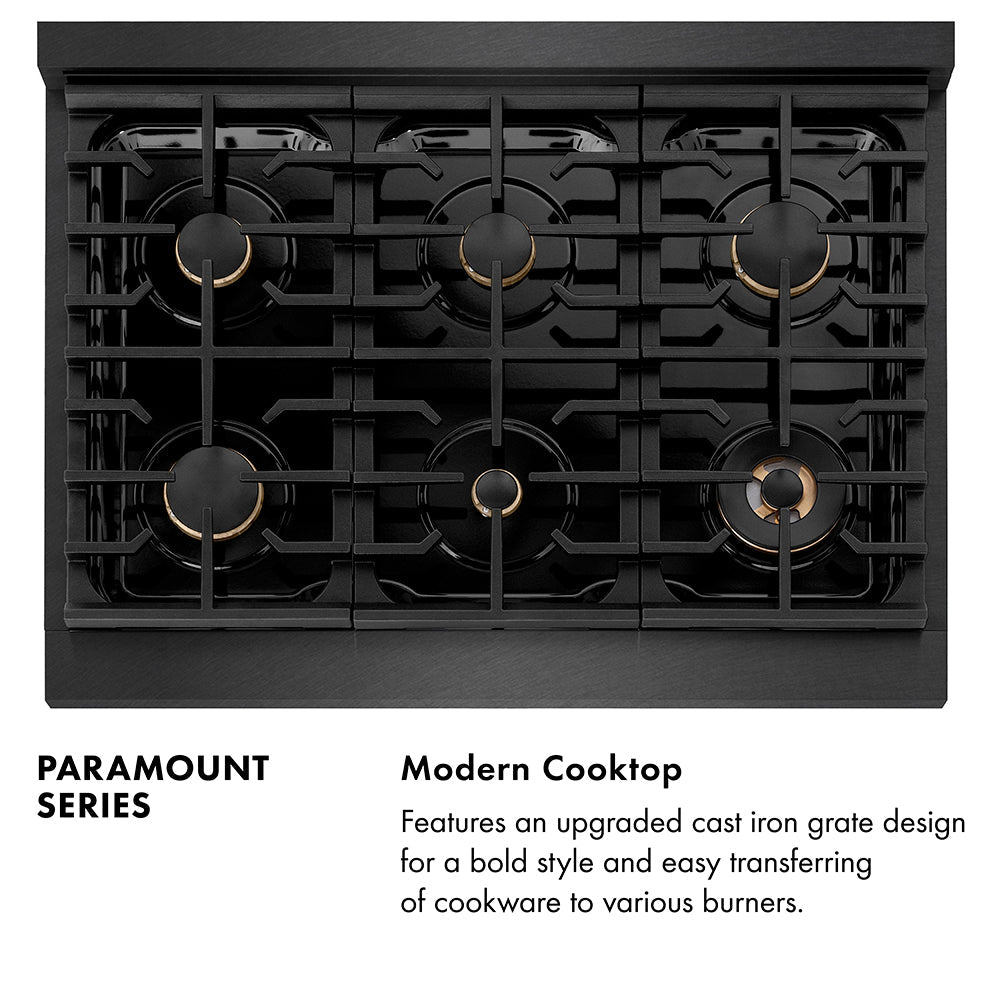 ZLINE Designer Collection 36 in. 5.2 cu. ft. Paramount Dual Fuel Range with 6 Burner Gas Cooktop and Electric Convection Oven in Black Satin Stainless Steel with Matte Black and Champagne Bronze Accents (SDRBSZ-36-MBCB)