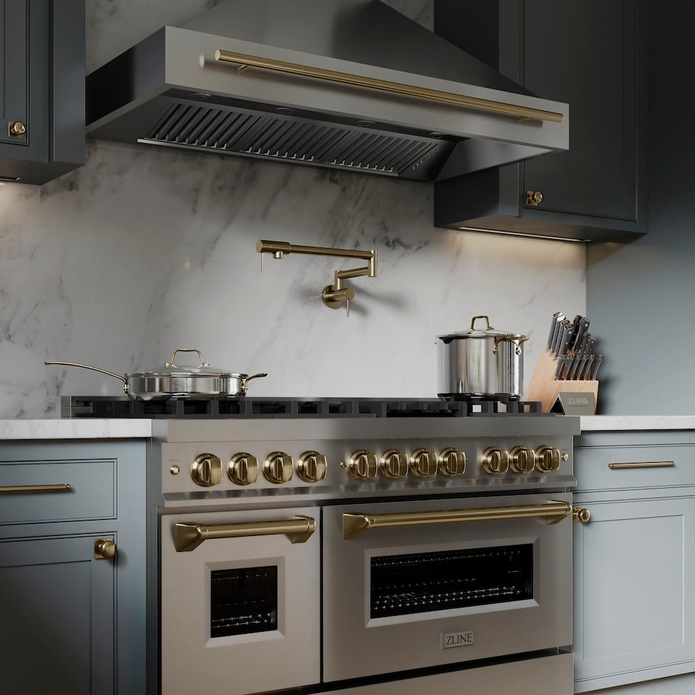 ZLINE Autograph Edition 48 in. 6.0 cu. ft. Legacy Dual Fuel Range with 7 Burner Gas Cooktop and 2 Electric Ovens in Stainless Steel and Champagne Bronze Accents (RAZ-48-CB)
