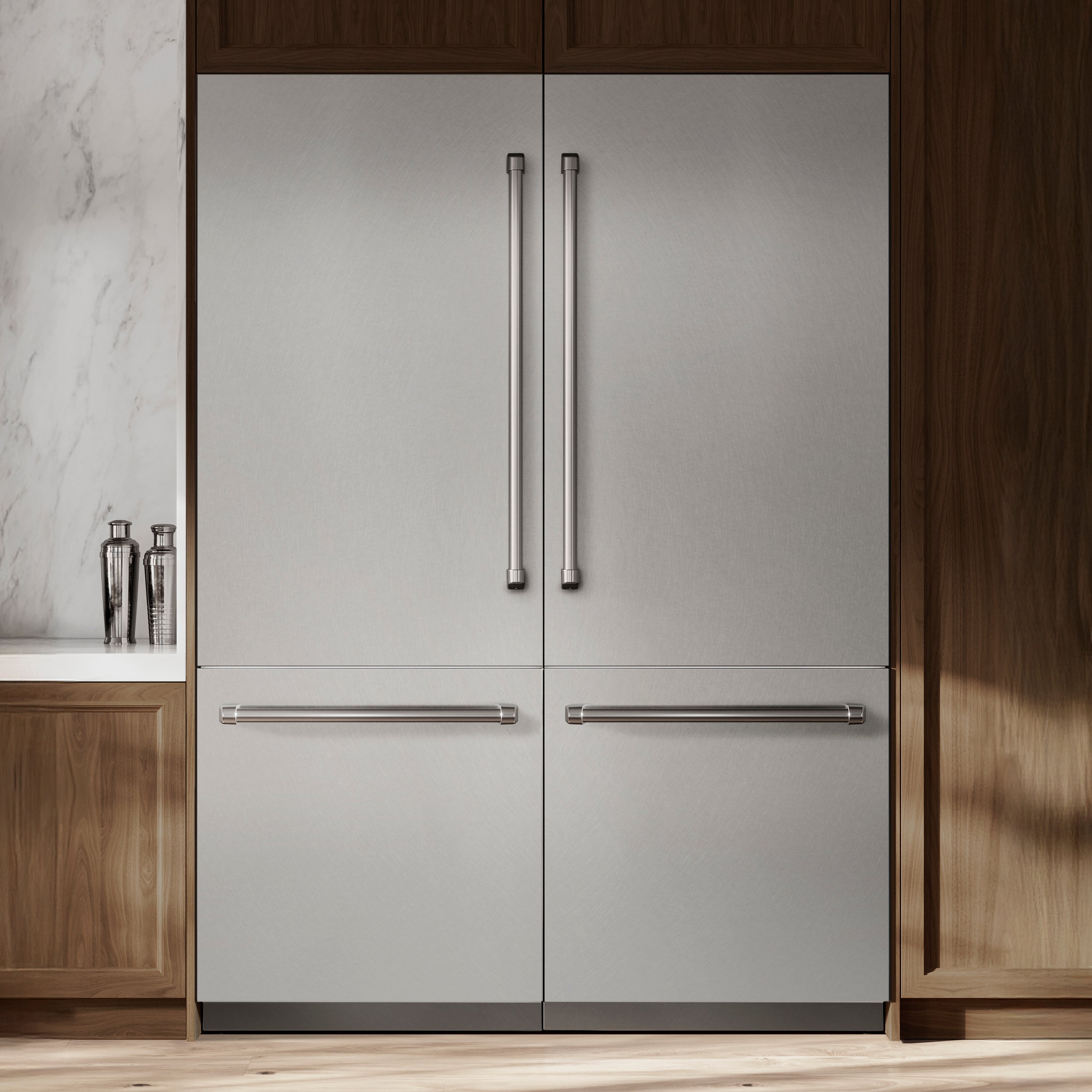ZLINE 60 in. 32.2 cu. ft. French Door Built-In Bottom Freezer Refrigerator with Water Dispensers and Ice Makers in DuraSnow® Stainless Steel with Graphite Gray Interior (GRBIV-SN-60)