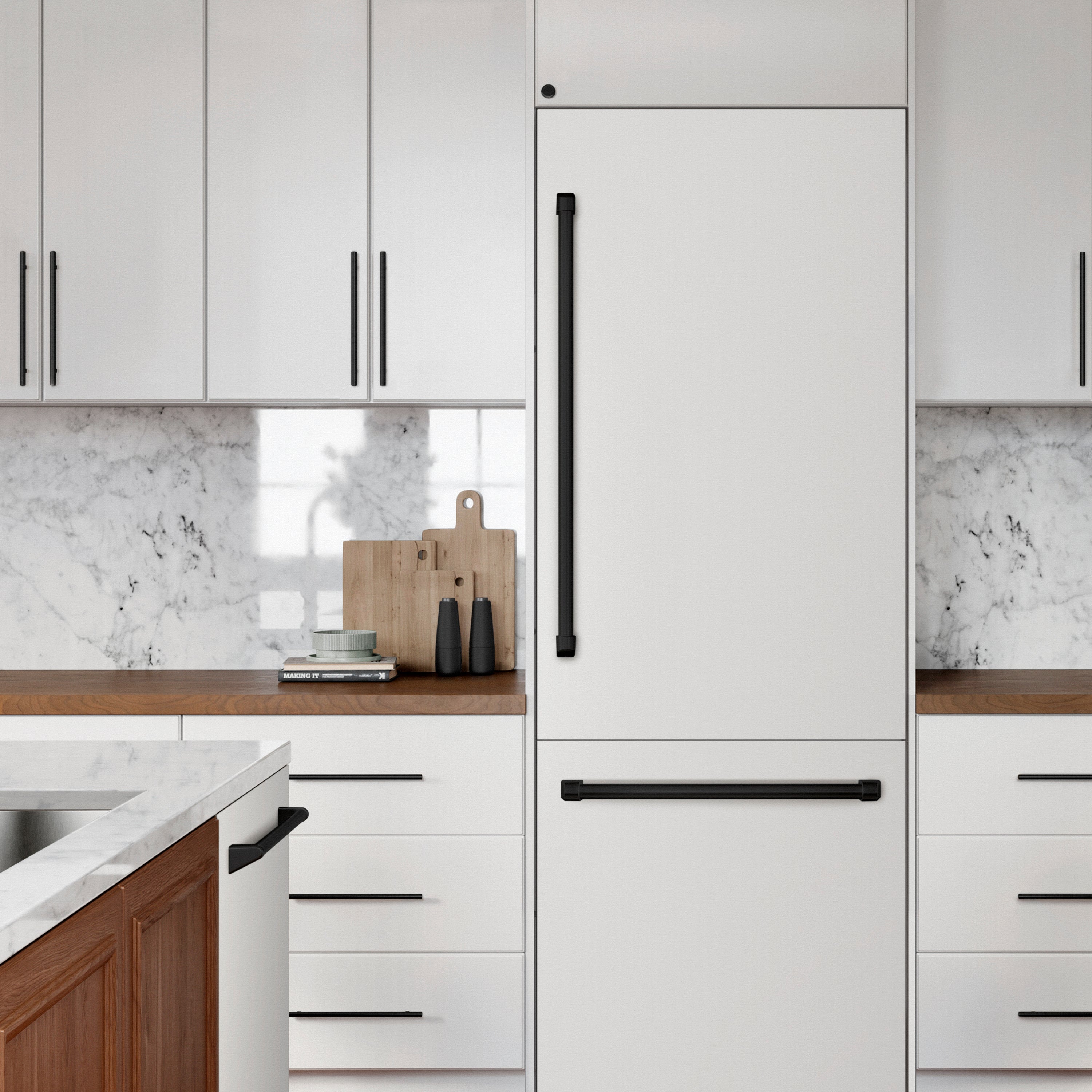 ZLINE Autograph Edition 30 in. 16.1 cu. ft. Built-In Bottom Freezer Refrigerator with Water Dispenser and Ice Maker in White Matte with Graphite Gray Interior and Matte Black Accents (GRBIVZ-WM-30-MB)