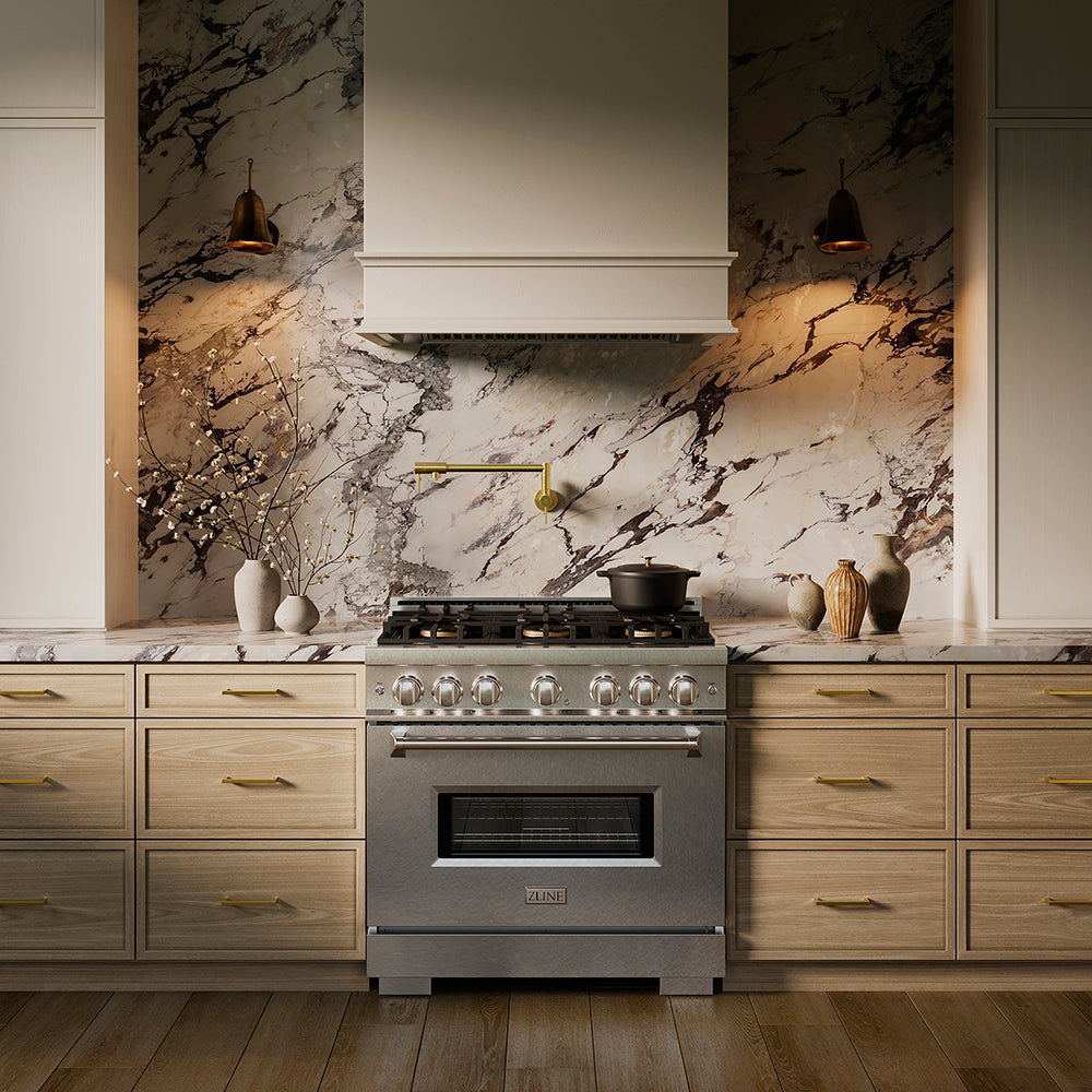 ZLINE 36 in. 5.2 cu. ft. Classic Dual Fuel Range with 6 Burner DuoPro™ Cooktop and Electric Convection Oven in Satin Stainless Steel (PCDRS-36)