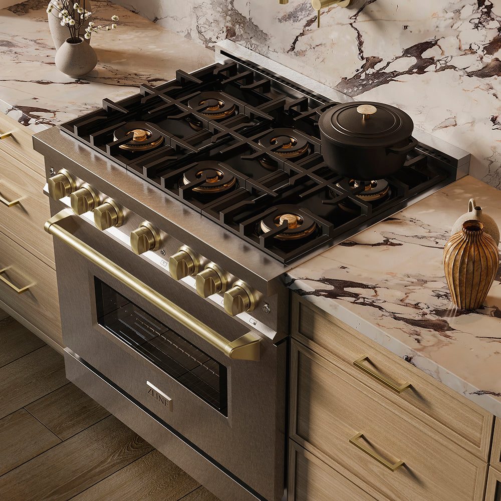 ZLINE Autograph Edition 36 in. 5.2 cu. ft. Classic Dual Fuel Range with 6 Burner DuoPro™ Cooktop and Electric Convection Oven in Satin Stainless Steel and Champagne Bronze Accents (PCDRSZ-36-CB)