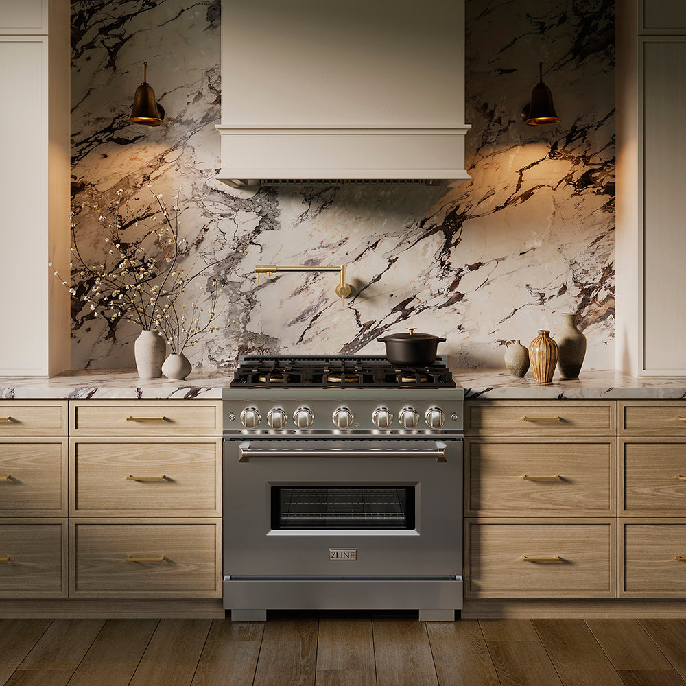 ZLINE 36 in. 5.2 cu. ft. Classic Gas Range with 6 Burner DuoPro™ Cooktop and Convection Gas Oven in Satin Stainless Steel (PCGRS-36)