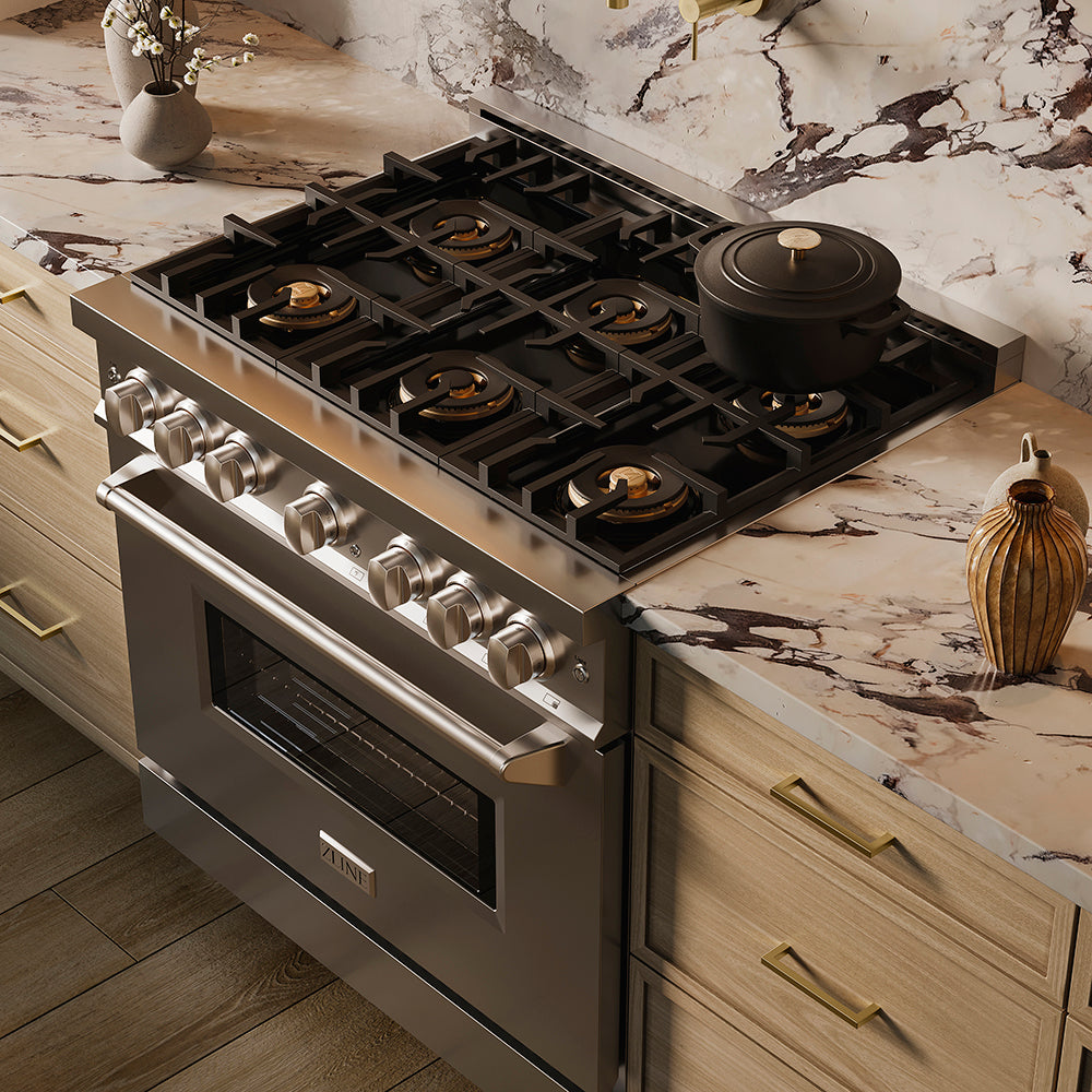 ZLINE 36 in. 5.2 cu. ft. Classic Gas Range with 6 Burner DuoPro™ Cooktop and Convection Gas Oven in Satin Stainless Steel (PCGRS-36)