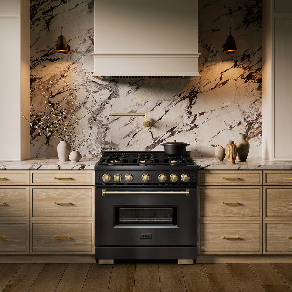 ZLINE Autograph Edition 36 in. 5.2 cu. ft. Classic Gas Range with 6 Burner DuoPro™ Cooktop and Convection Gas Oven in Satin Stainless Steel and Champagne Bronze Accents (PCGRSZ-36-CB)