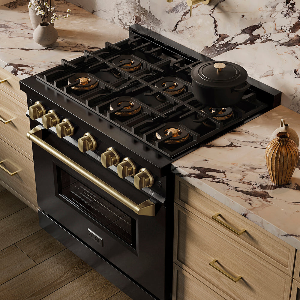 ZLINE Autograph Edition 36 in. 5.2 cu. ft. Classic Gas Range with 6 Burner DuoPro™ Cooktop and Convection Gas Oven in Satin Stainless Steel and Champagne Bronze Accents (PCGRSZ-36-CB)