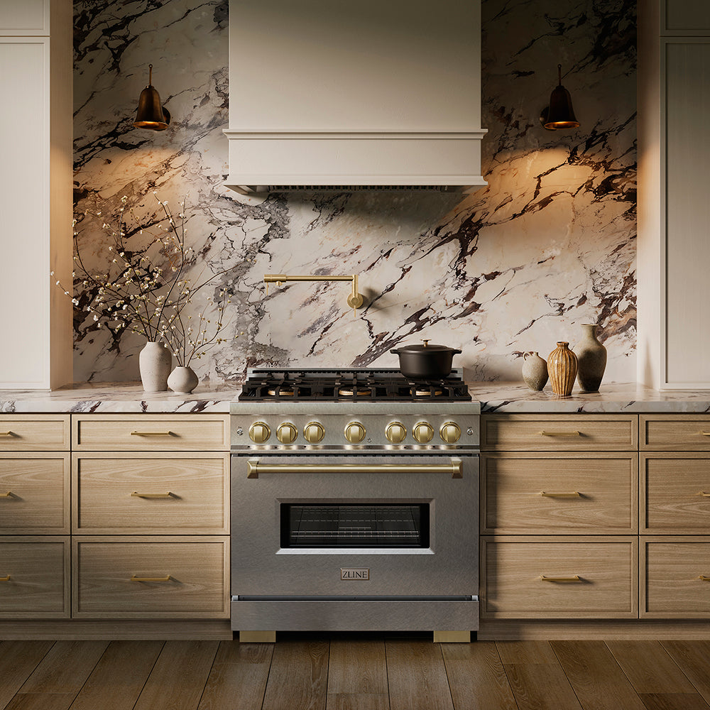 ZLINE Autograph Edition 36 in. 5.2 cu. ft. Classic Gas Range with 6 Burner DuoPro™ Cooktop and Convection Gas Oven in Satin Stainless Steel and Champagne Bronze Accents (PCGRSZ-36-CB)