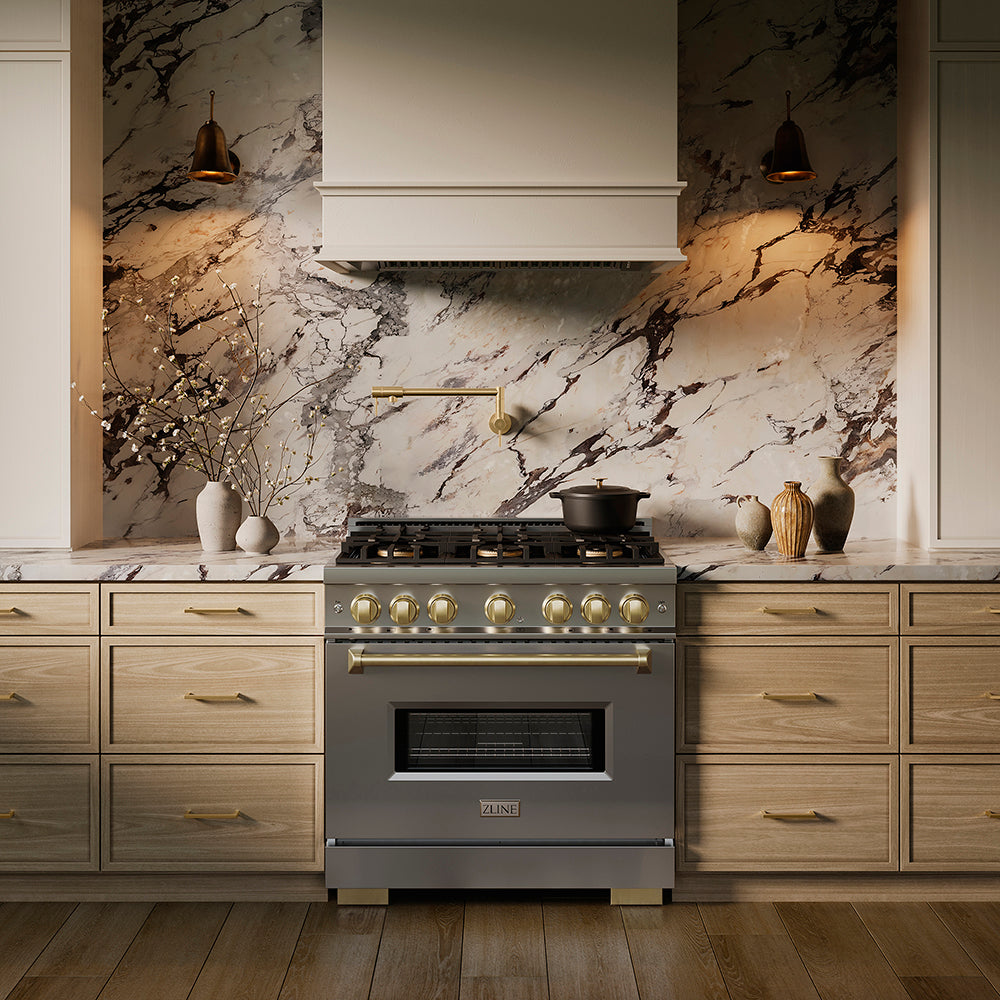 ZLINE Autograph Edition 36 in. 5.2 cu. ft. Classic Gas Range with 6 Burner DuoPro™ Cooktop and Convection Gas Oven in Satin Stainless Steel and Champagne Bronze Accents (PCGRSZ-36-CB)
