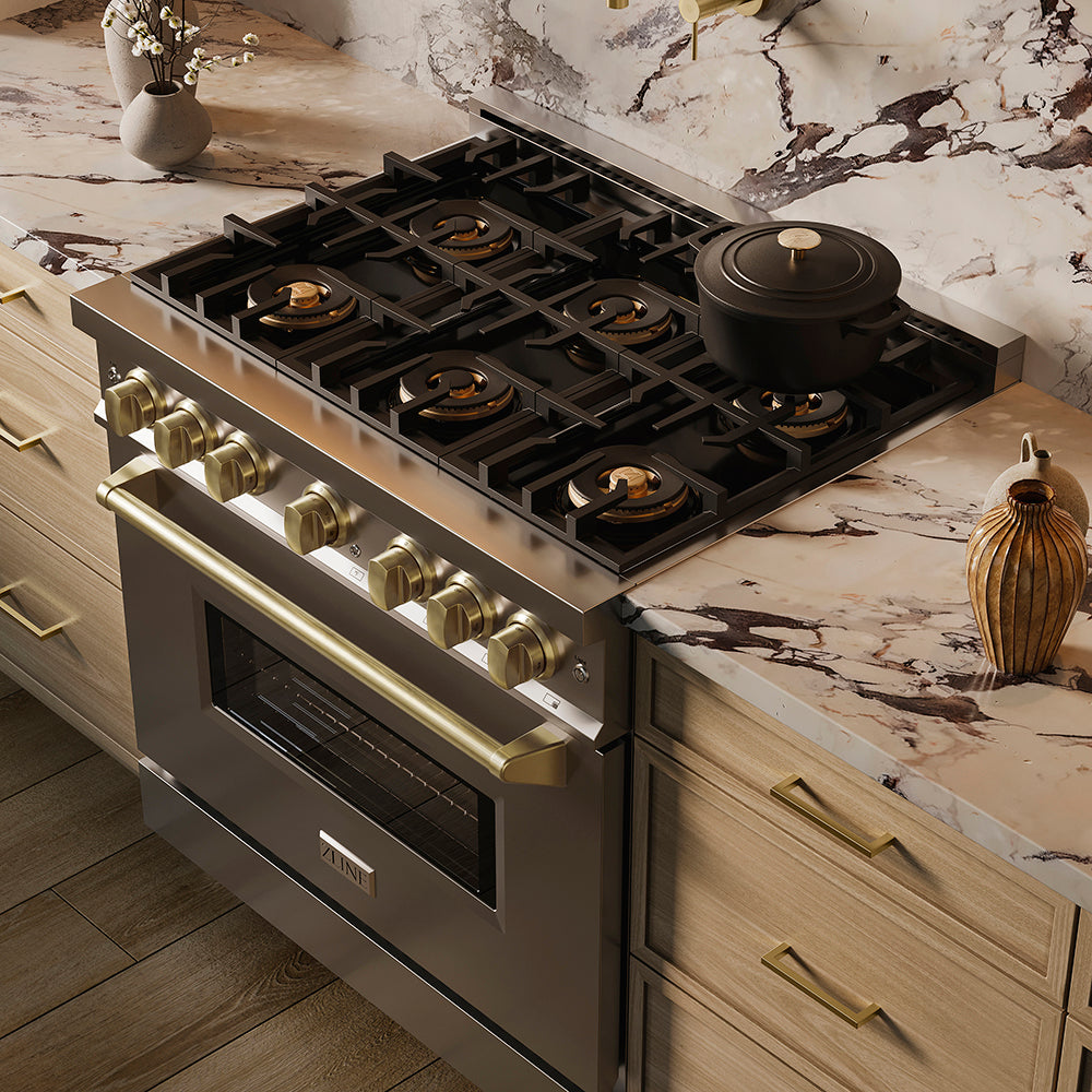 ZLINE Autograph Edition 36 in. 5.2 cu. ft. Classic Gas Range with 6 Burner DuoPro™ Cooktop and Convection Gas Oven in Satin Stainless Steel and Champagne Bronze Accents (PCGRSZ-36-CB)