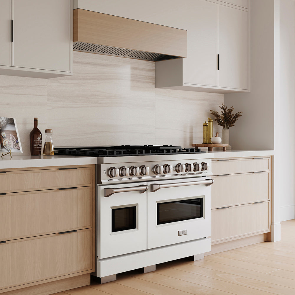 ZLINE 48 in. 6.7 cu. ft. Classic Dual Fuel Range with 8 Burner DuoPro™ Cooktop and Dual Ovens in Satin Stainless Steel with White Matte Doors (PCDRS-WM-48)