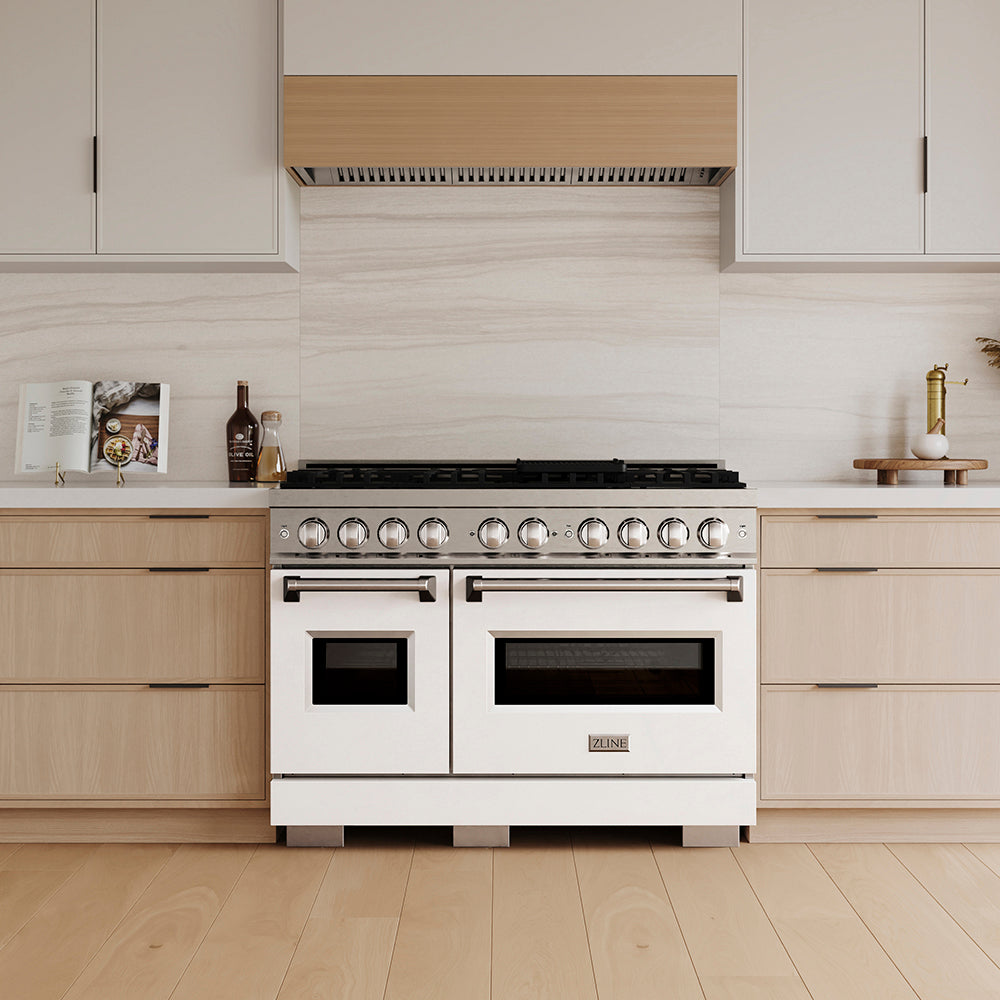 ZLINE 48 in. 6.7 cu. ft. Classic Dual Fuel Range with 8 Burner DuoPro™ Cooktop and Dual Ovens in Satin Stainless Steel with White Matte Doors (PCDRS-WM-48)