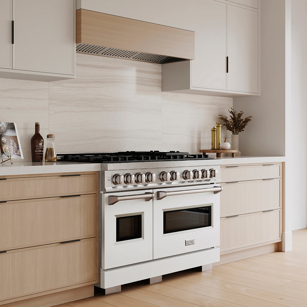 ZLINE 48 in. 6.7 cu. ft. Classic Dual Fuel Range with 8 Burner DuoPro™ Cooktop and Dual Ovens in Satin Stainless Steel with White Matte Doors (PCDRS-WM-48)