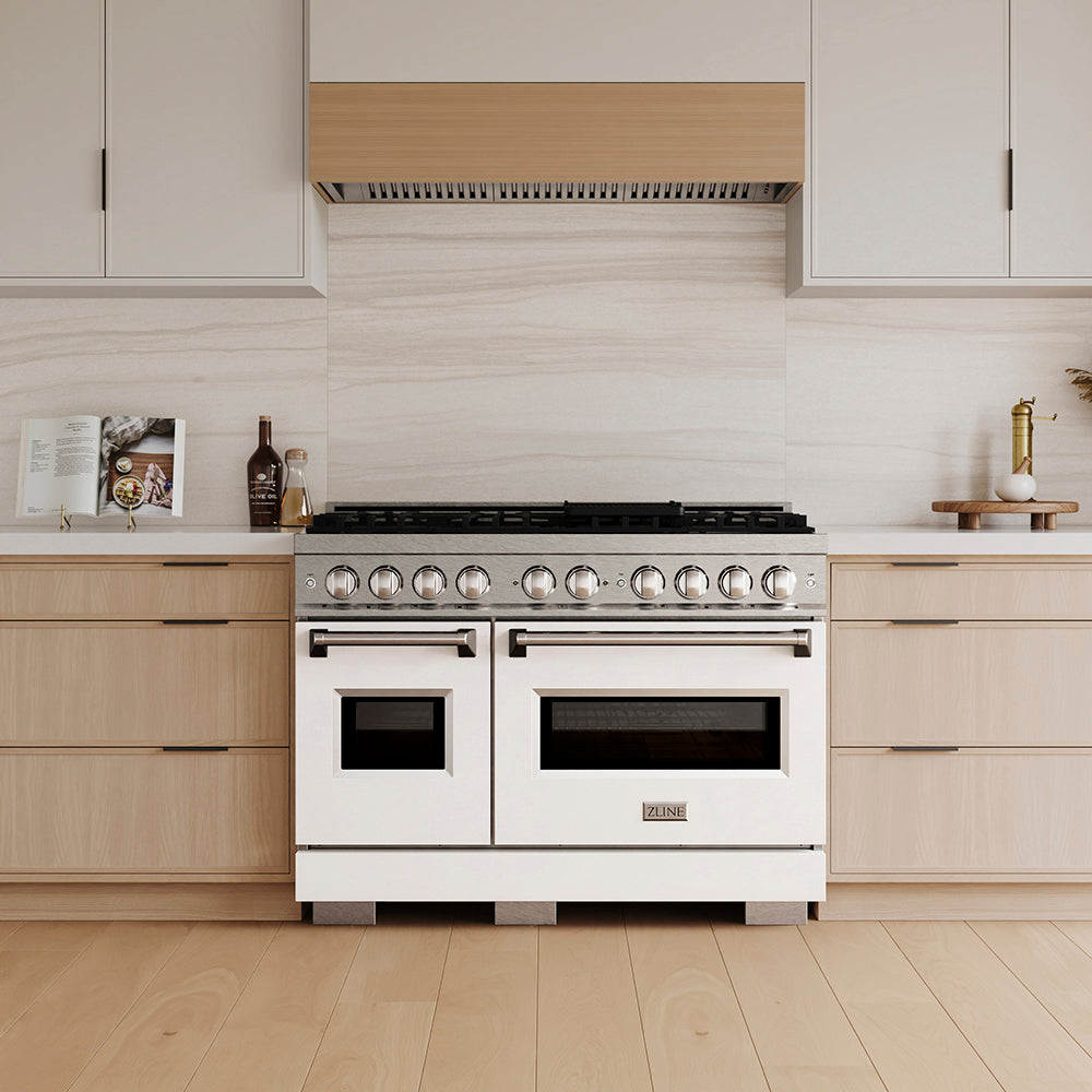 ZLINE 48 in. 6.7 cu. ft. Classic Dual Fuel Range with 8 Burner DuoPro™ Cooktop and Dual Ovens in Satin Stainless Steel with White Matte Doors (PCDRS-WM-48)