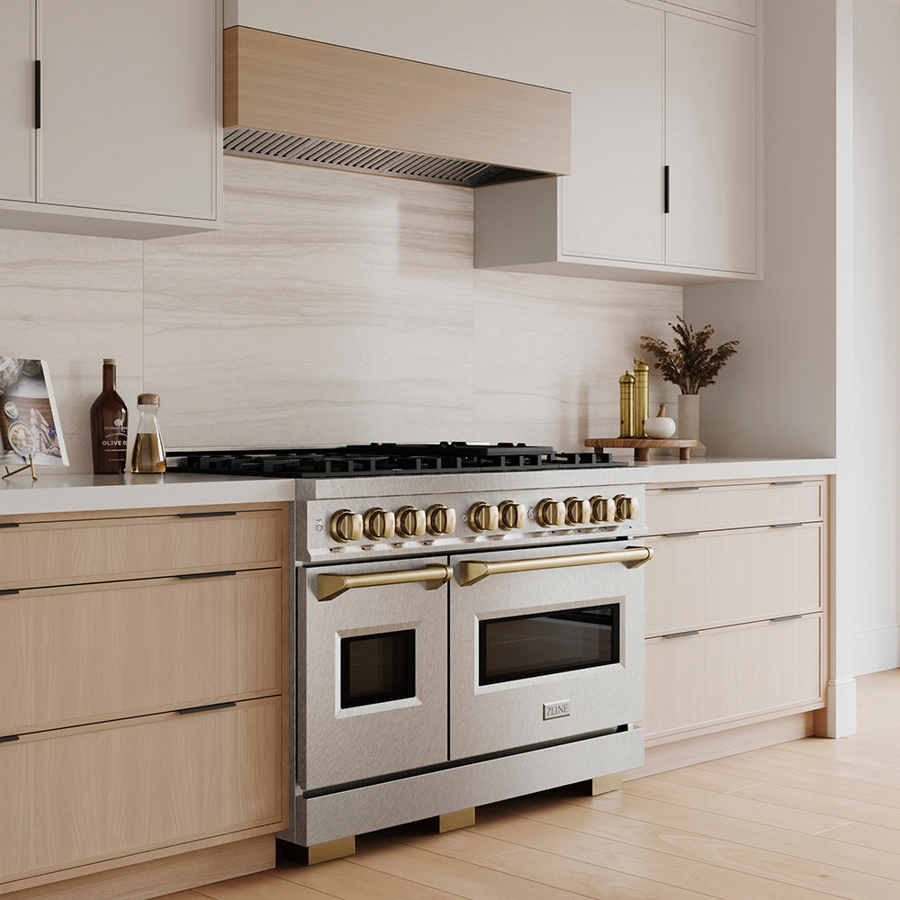 ZLINE Autograph Edition 48 in. 6.7 cu. ft. Classic Dual Fuel Range with 8 Burner DuoPro™ Cooktop and Dual Ovens in Stainless Steel and Champagne Bronze Accents (PCDRZ-48-CB)