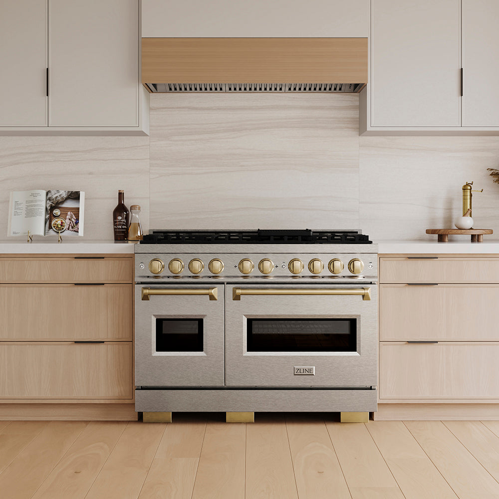 ZLINE Autograph Edition 48 in. 6.7 cu. ft. Classic Dual Fuel Range with 8 Burner DuoPro™ Cooktop and Dual Ovens in Stainless Steel and Champagne Bronze Accents (PCDRZ-48-CB)