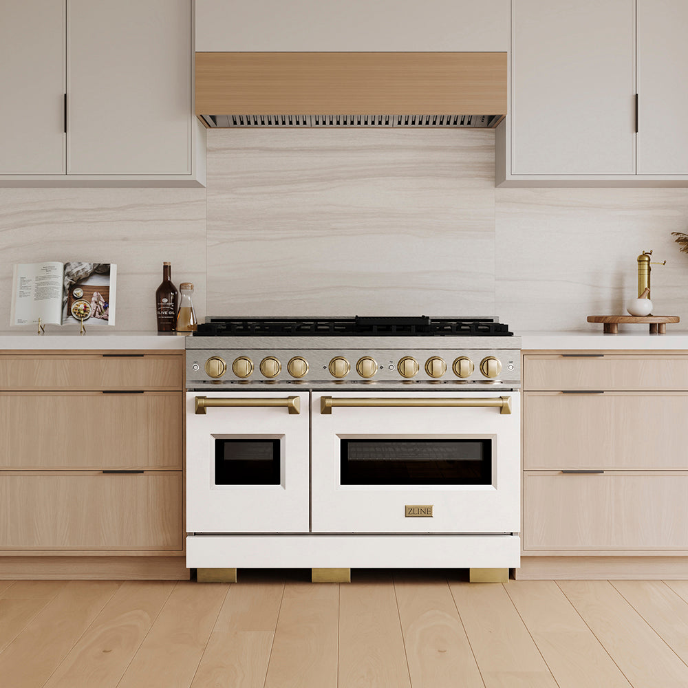 ZLINE Autograph Edition 48 in. 6.7 cu. ft. Classic Dual Fuel Range with 8 Burner DuoPro™ Cooktop and Dual Ovens in Stainless Steel and Champagne Bronze Accents (PCDRZ-48-CB)