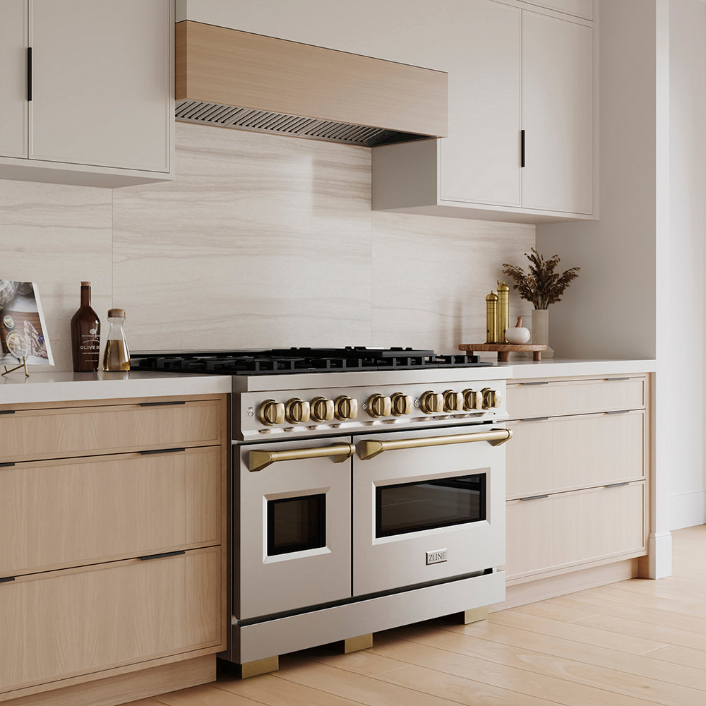 ZLINE Autograph Edition 48 in. 6.7 cu. ft. Classic Dual Fuel Range with 8 Burner DuoPro™ Cooktop and Dual Ovens in Stainless Steel and Champagne Bronze Accents (PCDRZ-48-CB)