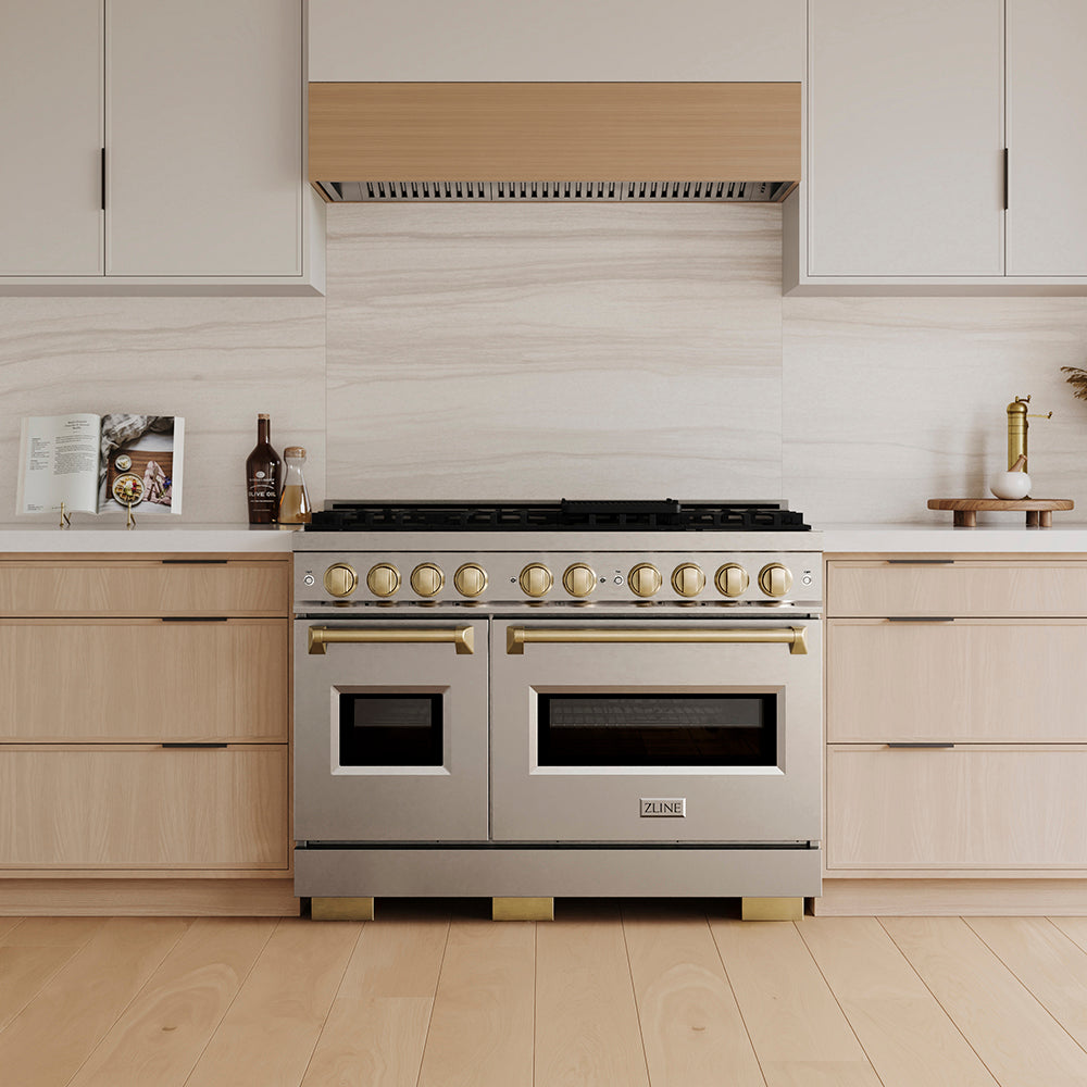 ZLINE Autograph Edition 48 in. 6.7 cu. ft. Classic Dual Fuel Range with 8 Burner DuoPro™ Cooktop and Dual Ovens in Stainless Steel and Champagne Bronze Accents (PCDRZ-48-CB)