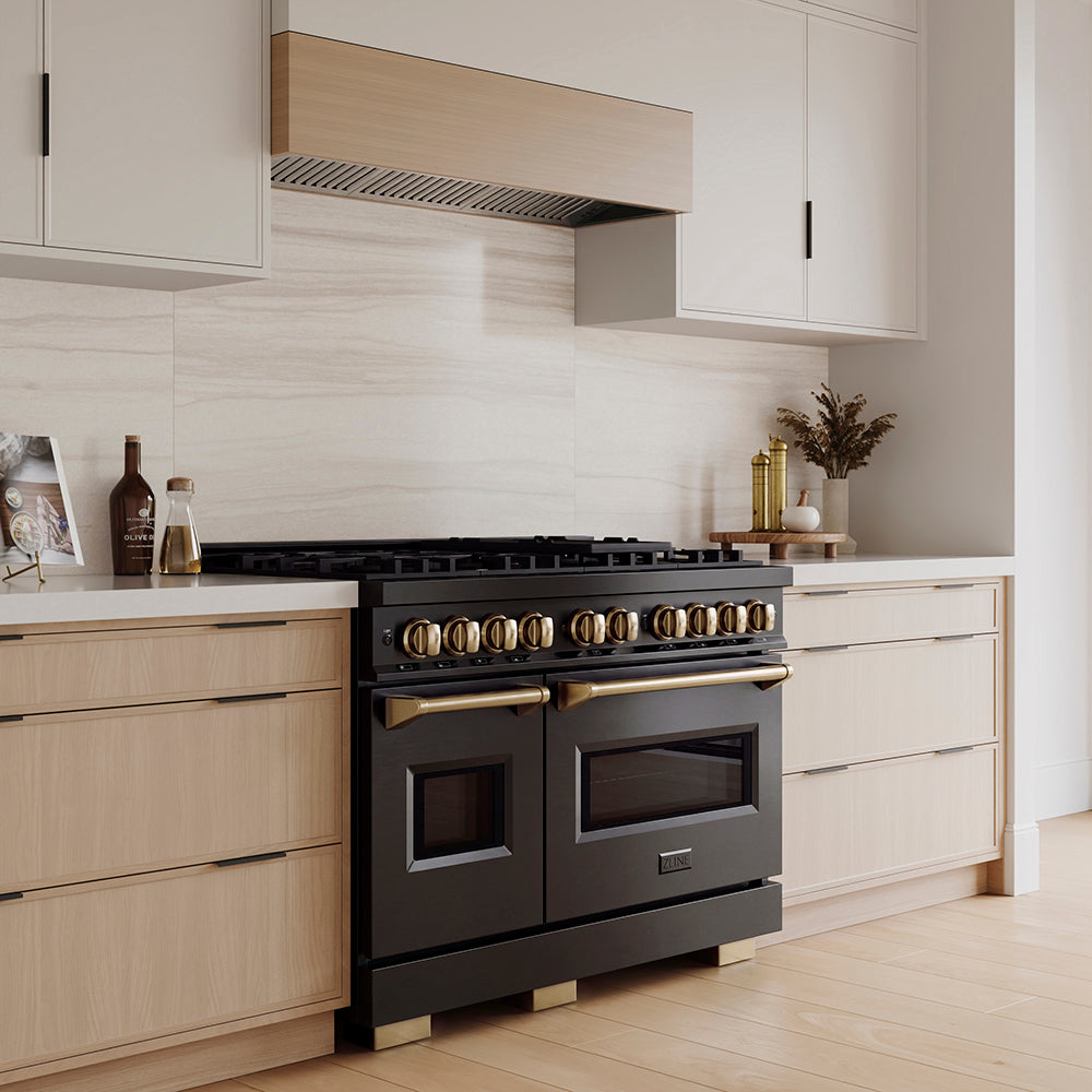 ZLINE Autograph Edition 48 in. 6.7 cu. ft. Classic Gas Range with 8 Burner DuoPro™ Cooktop and Dual Ovens in Black Stainless Steel and Champagne Bronze Accents (PCGRBZ-48-CB)