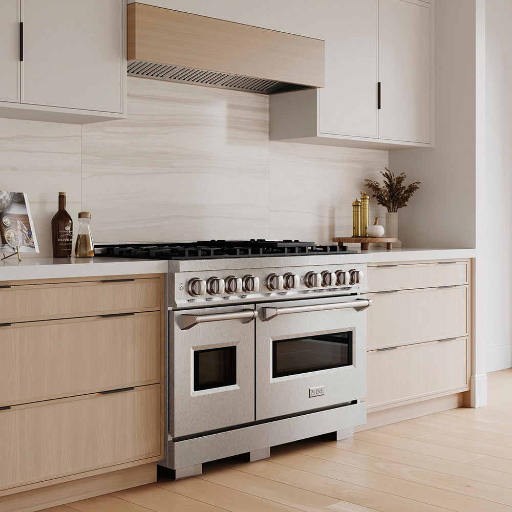 ZLINE 48 in. 6.7 cu. ft. Classic Dual Fuel Range with 8 Burner DuoPro™ Cooktop and Dual Ovens in Satin Stainless Steel with White Matte Doors (PCDRS-WM-48)