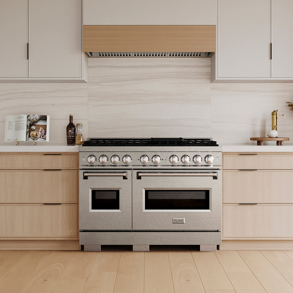ZLINE 48 in. 6.7 cu. ft. Classic Dual Fuel Range with 8 Burner DuoPro™ Cooktop and Dual Ovens in Satin Stainless Steel with White Matte Doors (PCDRS-WM-48)