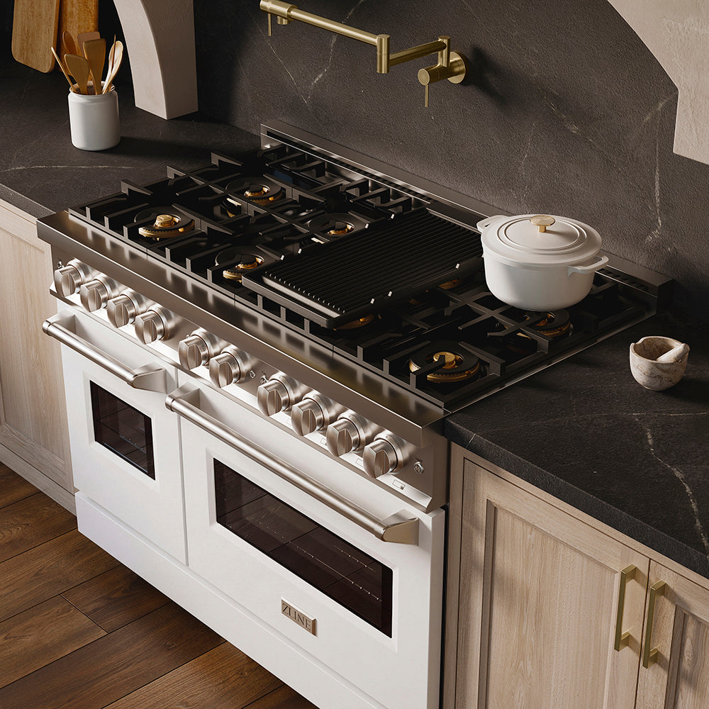 ZLINE 48 in. 6.7 cu. ft. Classic Dual Fuel Range with 8 Burner DuoPro™ Cooktop and Dual Ovens in Satin Stainless Steel with White Matte Doors (PCDRS-WM-48)