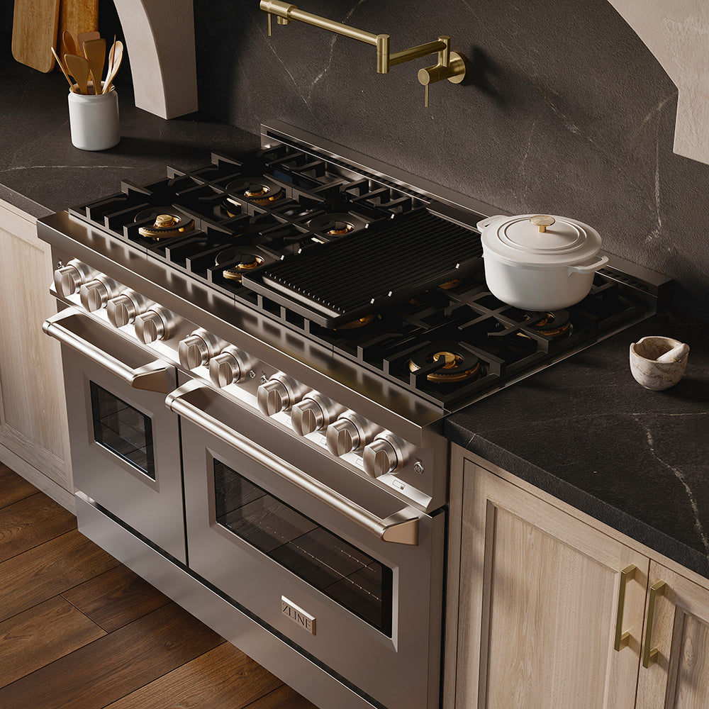 ZLINE 48 in. 6.7 cu. ft. Classic Dual Fuel Range with 8 Burner DuoPro™ Cooktop and Dual Ovens in Satin Stainless Steel with White Matte Doors (PCDRS-WM-48)