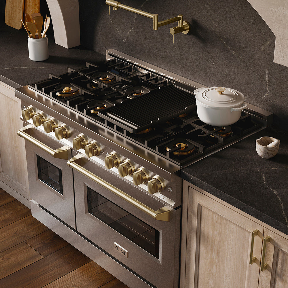 ZLINE Autograph Edition 48 in. 6.7 cu. ft. Classic Dual Fuel Range with 8 Burner DuoPro™ Cooktop and Dual Ovens in Stainless Steel and Champagne Bronze Accents (PCDRZ-48-CB)