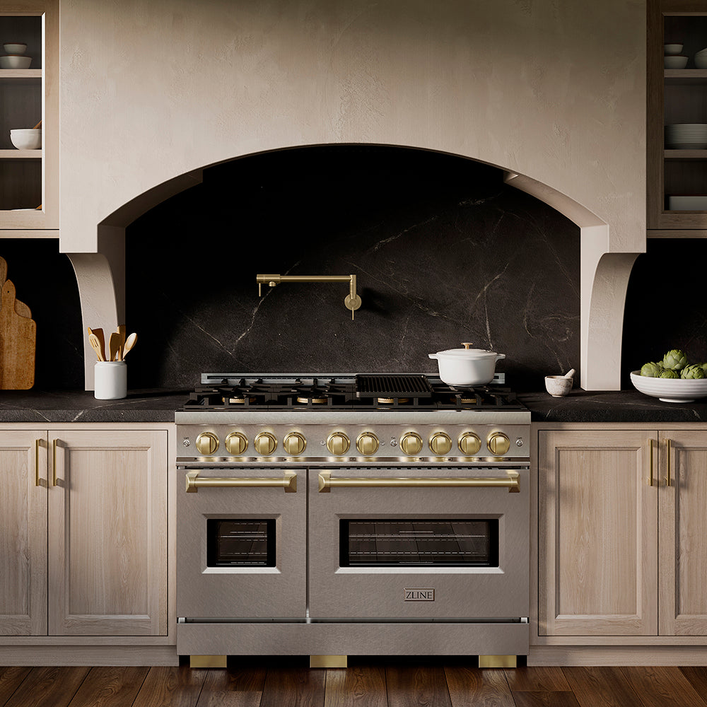 ZLINE Autograph Edition 48 in. 6.7 cu. ft. Classic Dual Fuel Range with 8 Burner DuoPro™ Cooktop and Dual Ovens in Stainless Steel and Champagne Bronze Accents (PCDRZ-48-CB)
