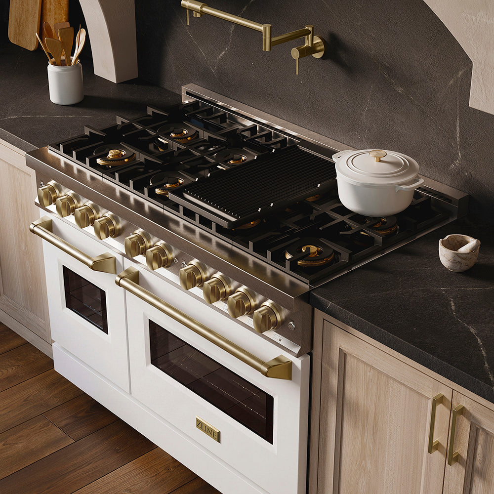 ZLINE Autograph Edition 48 in. 6.7 cu. ft. Classic Dual Fuel Range with 8 Burner DuoPro™ Cooktop and Dual Ovens in Stainless Steel and Champagne Bronze Accents (PCDRZ-48-CB)