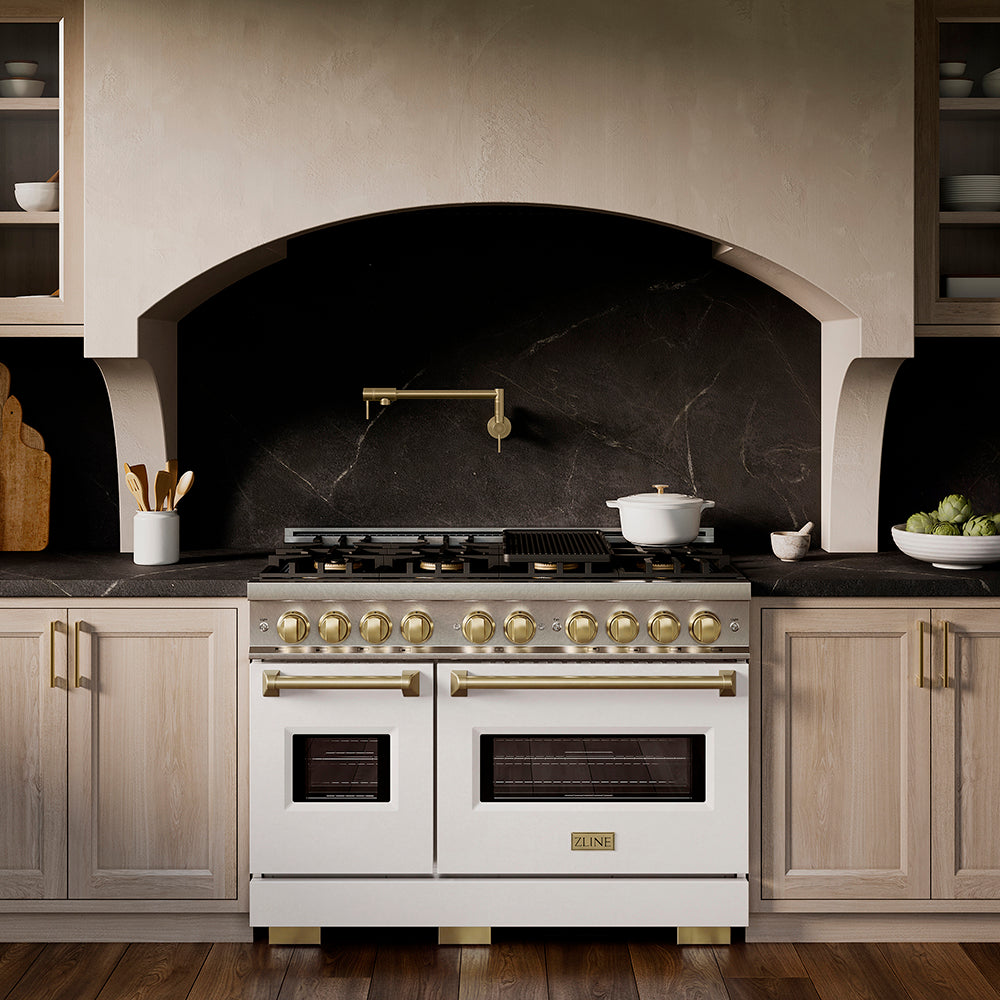 ZLINE Autograph Edition 48 in. 6.7 cu. ft. Classic Dual Fuel Range with 8 Burner DuoPro™ Cooktop and Dual Ovens in Stainless Steel and Champagne Bronze Accents (PCDRZ-48-CB)