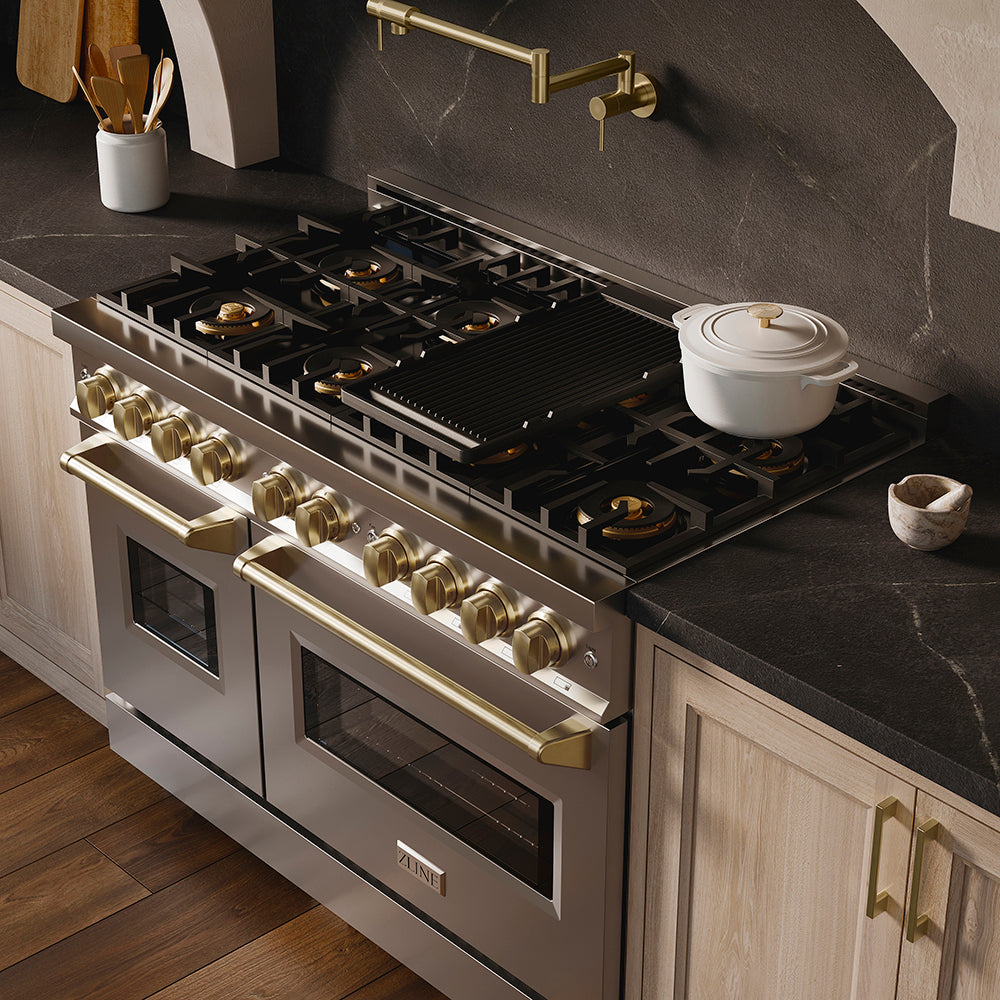ZLINE Autograph Edition 48 in. 6.7 cu. ft. Classic Dual Fuel Range with 8 Burner DuoPro™ Cooktop and Dual Ovens in Stainless Steel and Champagne Bronze Accents (PCDRZ-48-CB)