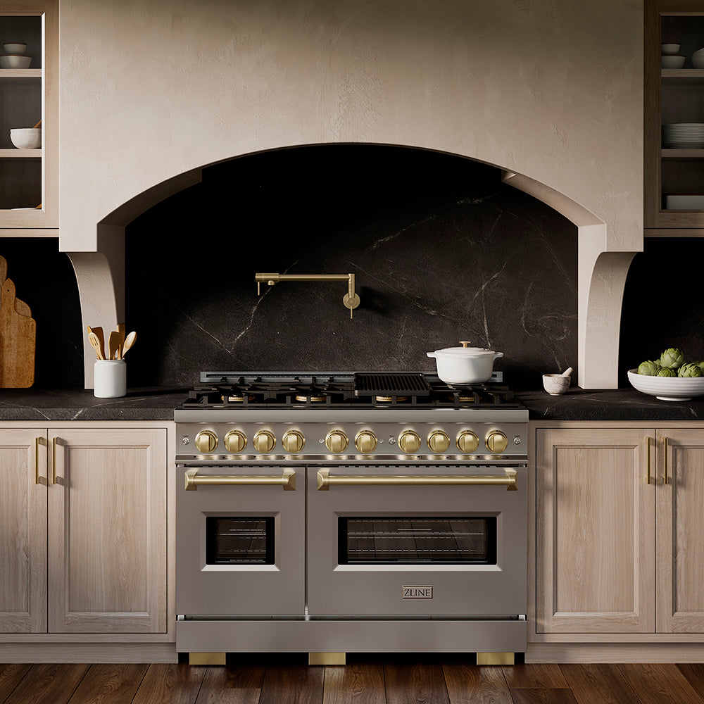 ZLINE Autograph Edition 48 in. 6.7 cu. ft. Classic Dual Fuel Range with 8 Burner DuoPro™ Cooktop and Dual Ovens in Stainless Steel and Champagne Bronze Accents (PCDRZ-48-CB)