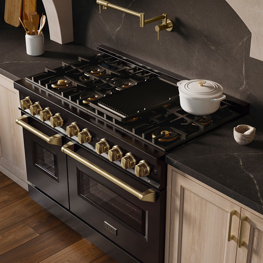 ZLINE Autograph Edition 48 in. 6.7 cu. ft. Classic Gas Range with 8 Burner DuoPro™ Cooktop and Dual Ovens in Black Stainless Steel and Champagne Bronze Accents (PCGRBZ-48-CB)