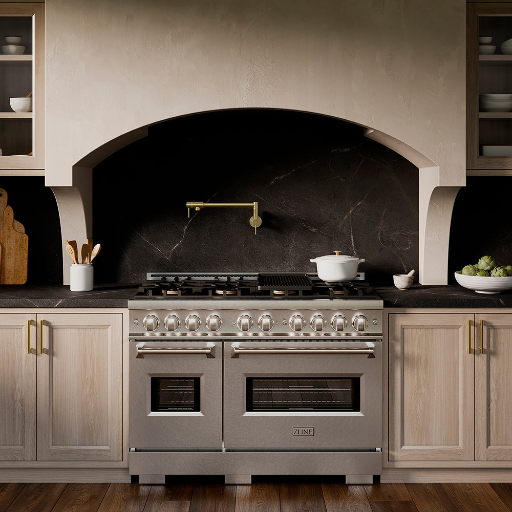 ZLINE 48 in. 6.7 cu. ft. Classic Dual Fuel Range with 8 Burner DuoPro™ Cooktop and Dual Ovens in Satin Stainless Steel with White Matte Doors (PCDRS-WM-48)