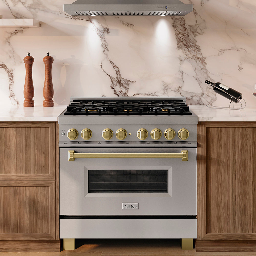 ZLINE Autograph Edition 36 in. 4.6 cu. ft. Legacy Dual Fuel Range with 6 Burner Gas Cooktop and Electric Convection Oven in Stainless Steel and Champagne Bronze Accents (RAZ-36-CB)