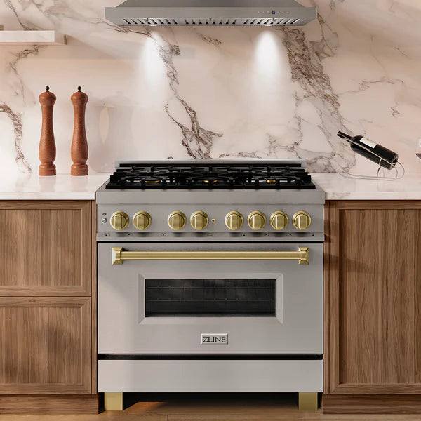 ZLINE Autograph Edition 36 in. 4.6 cu. ft. Legacy Dual Fuel Range with 6 Burner Gas Cooktop and Electric Convection Oven in Stainless Steel and Champagne Bronze Accents (RAZ-36-CB)